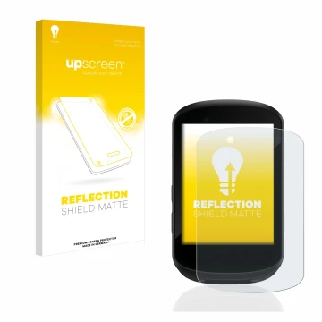 Parte frontal de un envase de producto con el logotipo de la marca upscreen. Al lado se muestra el dispositivo Garmin Edge 530