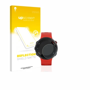 Parte frontal de un envase de producto con el logotipo de la marca upscreen. Al lado se muestra el dispositivo Garmin Forerunn