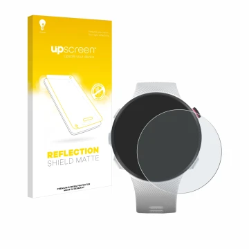 Parte frontal de un envase de producto con el logotipo de la marca upscreen. Al lado se muestra el dispositivo Garmin Forerunn
