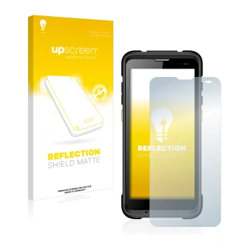 Parte frontal de un envase de producto con el logotipo de la marca upscreen. Al lado se muestra el dispositivo Chainway C66 co