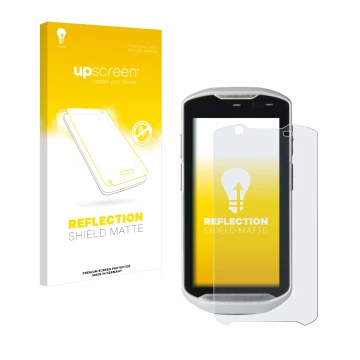 Parte frontal de un envase de producto con el logotipo de la marca upscreen. Al lado se muestra el dispositivo Zebra TC52-HC c