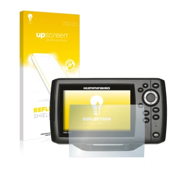 Parte frontal de un envase de producto con el logotipo de la marca upscreen. Al lado se muestra el dispositivo Humminbird Heli