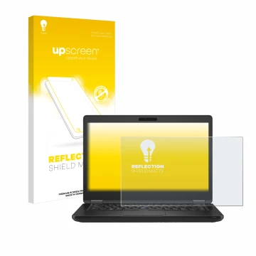 Parte frontal de un envase de producto con el logotipo de la marca upscreen. Al lado se muestra el dispositivo Dell Latitude 5