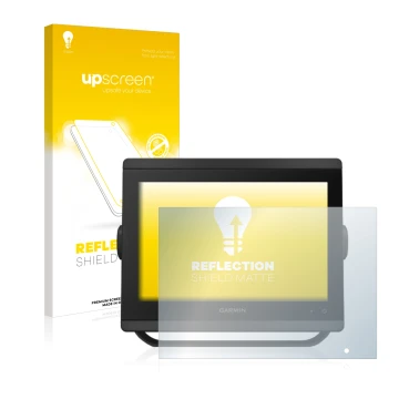 Parte frontal de un envase de producto con el logotipo de la marca upscreen. Al lado se muestra el dispositivo Garmin GPSMAP 8