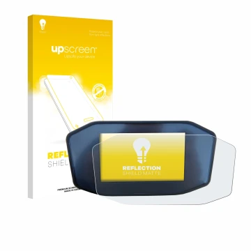 Parte frontal de un envase de producto con el logotipo de la marca upscreen. Al lado se muestra el dispositivo KTM 1290 Super 