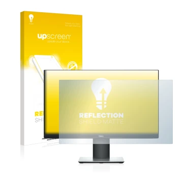 Parte frontal de un envase de producto con el logotipo de la marca upscreen. Al lado se muestra el dispositivo Dell P2319H con