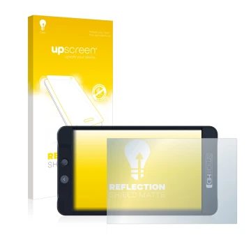 Parte frontal de un envase de producto con el logotipo de la marca upscreen. Al lado se muestra el dispositivo SmallHD 702 Bla