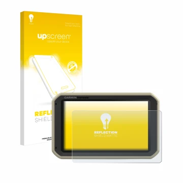 Parte frontal de un envase de producto con el logotipo de la marca upscreen. Al lado se muestra el dispositivo Garmin Overland