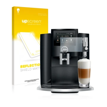 Parte frontal de un envase de producto con el logotipo de la marca upscreen. Al lado se muestra el dispositivo Jura S8 con su 