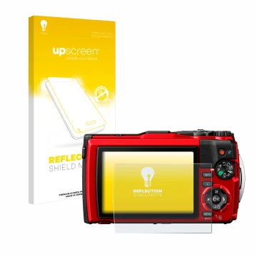 Parte frontal de un envase de producto con el logotipo de la marca upscreen. Al lado se muestra el dispositivo Olympus Tough T