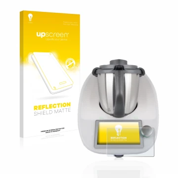 Parte frontal de un envase de producto con el logotipo de la marca upscreen. Al lado se muestra el dispositivo Vorwerk Bimby T