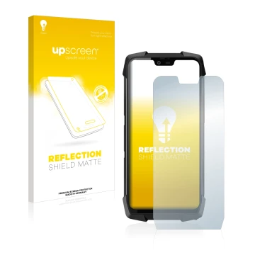 Parte frontal de un envase de producto con el logotipo de la marca upscreen. Al lado se muestra el dispositivo Blackview BV970