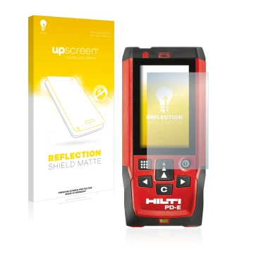 Parte frontal de un envase de producto con el logotipo de la marca upscreen. Al lado se muestra el dispositivo Hilti PD-E con 