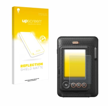 Parte frontal de un envase de producto con el logotipo de la marca upscreen. Al lado se muestra el dispositivo Fujifilm Instax