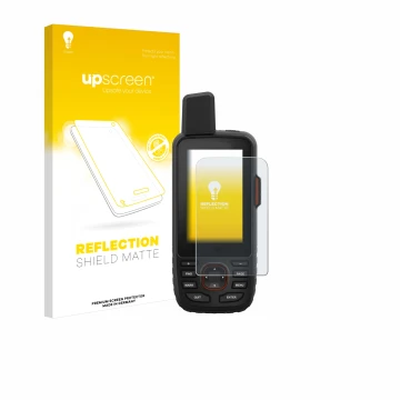 Parte frontal de un envase de producto con el logotipo de la marca upscreen. Al lado se muestra el dispositivo Garmin GPSMAP 6