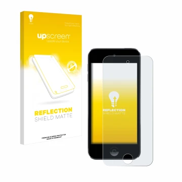 Parte frontal de un envase de producto con el logotipo de la marca upscreen. Al lado se muestra el dispositivo Apple iPod Touc