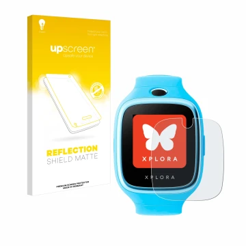 Parte frontal de un envase de producto con el logotipo de la marca upscreen. Al lado se muestra el dispositivo Xplora Go con s