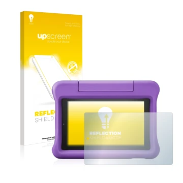Parte frontal de un envase de producto con el logotipo de la marca upscreen. Al lado se muestra el dispositivo Amazon Fire 7 K