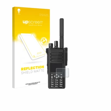 Parte frontal de un envase de producto con el logotipo de la marca upscreen. Al lado se muestra el dispositivo Motorola DP4801