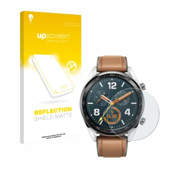 Parte frontal de un envase de producto con el logotipo de la marca upscreen. Al lado se muestra el dispositivo Huawei Watch GT