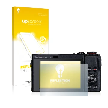 Parte frontal de un envase de producto con el logotipo de la marca upscreen. Al lado se muestra el dispositivo Canon PowerShot