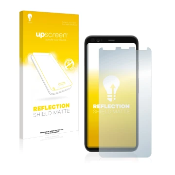 Parte frontal de un envase de producto con el logotipo de la marca upscreen. Al lado se muestra el dispositivo Google Pixel 4 