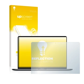 Parte frontal de un envase de producto con el logotipo de la marca upscreen. Al lado se muestra el dispositivo Apple MacBook P