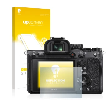 Parte frontal de un envase de producto con el logotipo de la marca upscreen. Al lado se muestra el dispositivo Sony Alpha 7R I