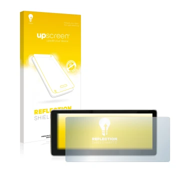 Parte frontal de un envase de producto con el logotipo de la marca upscreen. Al lado se muestra el dispositivo Mercedes-Benz E
