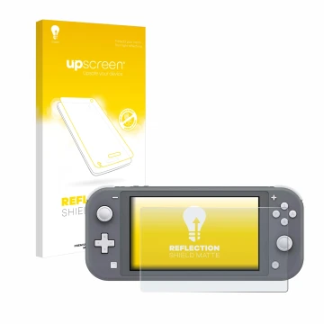 Parte frontal de un envase de producto con el logotipo de la marca upscreen. Al lado se muestra el dispositivo Nintendo Switch