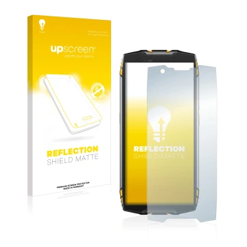 Parte frontal de un envase de producto con el logotipo de la marca upscreen. Al lado se muestra el dispositivo Blackview BV680