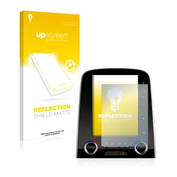 Parte frontal de un envase de producto con el logotipo de la marca upscreen. Al lado se muestra el dispositivo Renault Scenic 