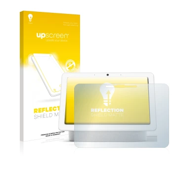 Parte frontal de un envase de producto con el logotipo de la marca upscreen. Al lado se muestra el dispositivo Google Nest Hub