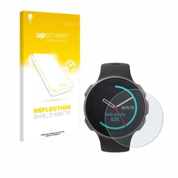 Parte frontal de un envase de producto con el logotipo de la marca upscreen. Al lado se muestra el dispositivo Polar Vantage V