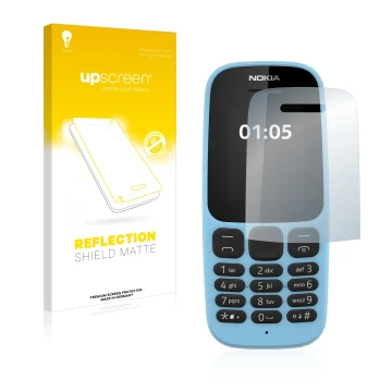 Parte frontal de un envase de producto con el logotipo de la marca upscreen. Al lado se muestra el dispositivo Nokia 105 2019 