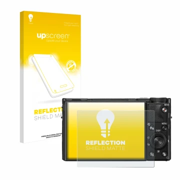 Parte frontal de un envase de producto con el logotipo de la marca upscreen. Al lado se muestra el dispositivo Sony Cyber-Shot