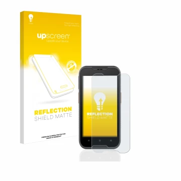 Parte frontal de un envase de producto con el logotipo de la marca upscreen. Al lado se muestra el dispositivo Datalogic Memor