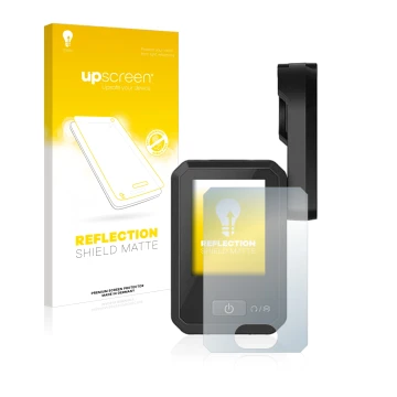 Parte frontal de un envase de producto con el logotipo de la marca upscreen. Al lado se muestra el dispositivo Flyer Display D