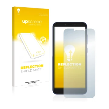 Parte frontal de un envase de producto con el logotipo de la marca upscreen. Al lado se muestra el dispositivo Alcatel 1S 2019