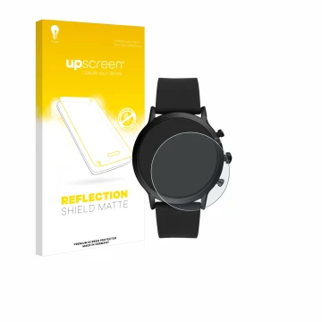 Parte frontal de un envase de producto con el logotipo de la marca upscreen. Al lado se muestra el dispositivo Fossil The Carl