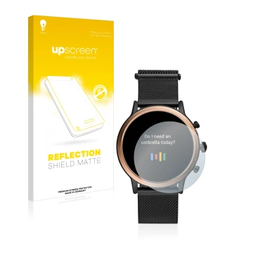 Parte frontal de un envase de producto con el logotipo de la marca upscreen. Al lado se muestra el dispositivo Fossil Julianna