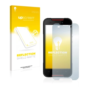 Parte frontal de un envase de producto con el logotipo de la marca upscreen. Al lado se muestra el dispositivo Cubot Quest Lit