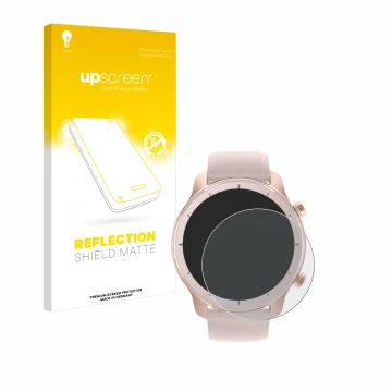 Parte frontal de un envase de producto con el logotipo de la marca upscreen. Al lado se muestra el dispositivo Huami Amazfit G