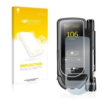 Parte frontal de un envase de producto con el logotipo de la marca upscreen. Al lado se muestra el dispositivo Accu-Chek Mobil