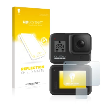Parte frontal de un envase de producto con el logotipo de la marca upscreen. Al lado se muestra el dispositivo GoPro Hero 8 Bl