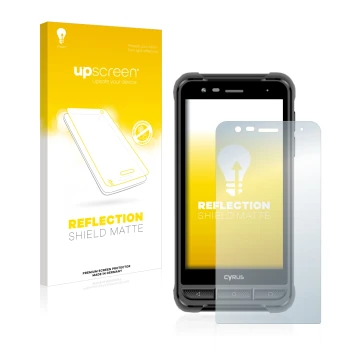 Parte frontal de un envase de producto con el logotipo de la marca upscreen. Al lado se muestra el dispositivo Cyrus CS22 XA c