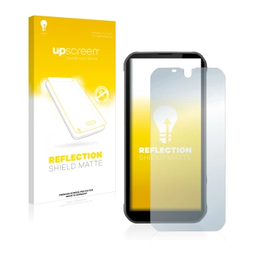 Parte frontal de un envase de producto con el logotipo de la marca upscreen. Al lado se muestra el dispositivo Gigaset GX290 c