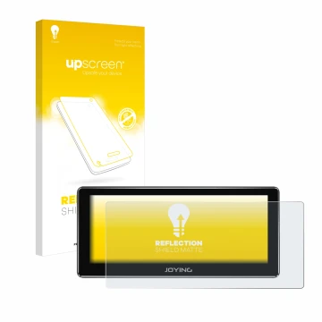 Parte frontal de un envase de producto con el logotipo de la marca upscreen. Al lado se muestra el dispositivo Joying 4G Car R