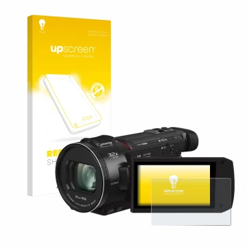Parte frontal de un envase de producto con el logotipo de la marca upscreen. Al lado se muestra el dispositivo Panasonic HC-VX