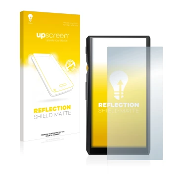 Parte frontal de un envase de producto con el logotipo de la marca upscreen. Al lado se muestra el dispositivo FiiO M11 con su